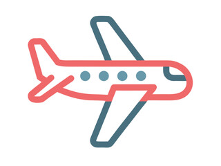 Fototapeta premium Simple stylized airplane icon with coral and teal outline on white background