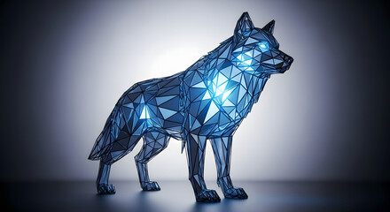 Obraz premium Crystalline Wolf: A majestic wolf rendered in a striking crystalline style, glowing with an ethereal blue light against a subtly textured background. 