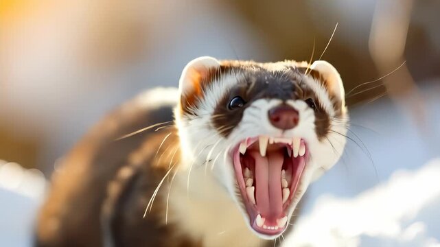 Close-up Portrait of a Ferret Displaying Teeth in a Winter Landscape with Bright Sunlight