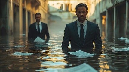 Businessmen in suits wading through flooded urban streets with financial papers adrift facing the impacts of climate change on their ope ns