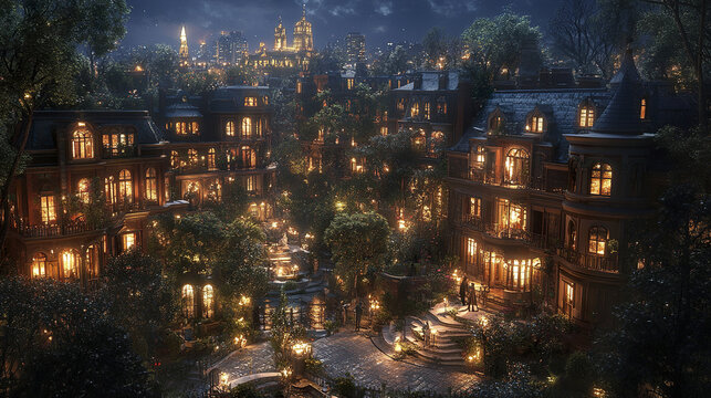 Victorian style residential area at night with warm glowing windows, lush trees, and peaceful atmosphere under city skyline, creating charming and inviting neighborhood scene