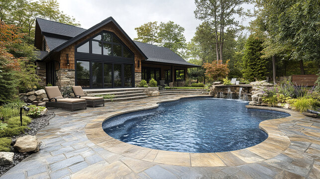 Modern house with large glass windows and stone exterior beside kidney shaped swimming pool with waterfall feature and lounge chairs in lush green garden setting