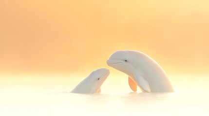 Two white beluga whales interact gently in soft golden light
