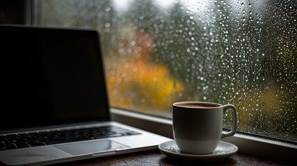 Rainy Day Comfort: Coffee & Laptop by Window