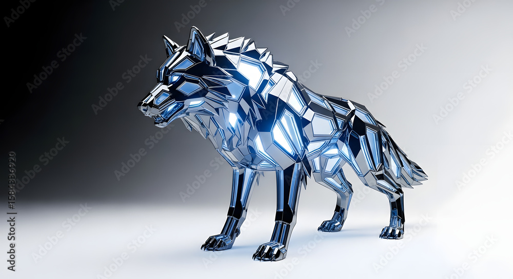 Fototapete sculpted wolf: a strikingly modern artistic depiction of a lone wolf, rendered in faceted metallic f