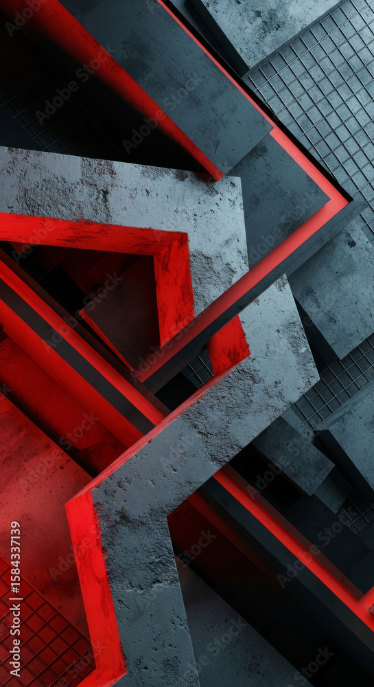 Fototapete abstract geometric composition featuring concrete blocks and red lines, creating a modern and indust