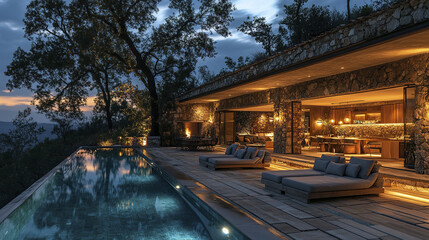 Obraz premium Modern luxury house with stone exterior and illuminated infinity pool at dusk, featuring comfortable outdoor lounge seating and warm interior lighting creating cozy atmosphere