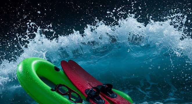 Water Sports Gear Floating Amidst Crashing Wave, Vibrant Colors, Dynamic Composition