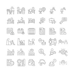 Labor shortage crisis icon set. Outline style with editable stroke. Includes workforce gap, hiring issue, employee burnout, unfilled job, automation impact, and staffing problem.