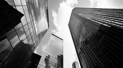 Metropolitan grandeur showcases towering urban structures in monochrome