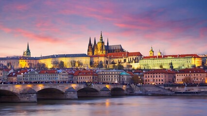 Fototapeta premium Prague's Charles Bridge and Castle at Sunset, reflecting on the Vltava river, a picturesque cityscape.