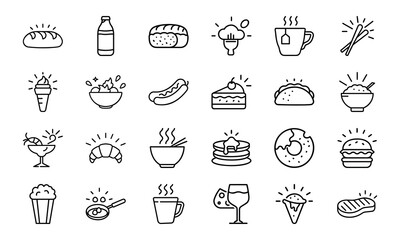 Minimal Line Art Food and Drink Icon Set Featuring Bread, Beverages, Desserts, Meals, Snacks, and Cutlery on White Background for Restaurant and Culinary Design Projects
