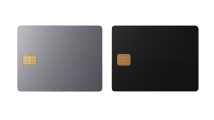 Two sleek payment cards in black and gray, with EMV chip, ideal for financial illustrations isolated on transparent background