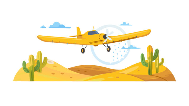 Yellow crop duster airplane flying over desert landscape vector illustration for aviation and agriculture 100