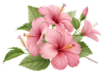 Obraz premium Beautiful pink hibiscus flowers and leaves isolated on transparent background