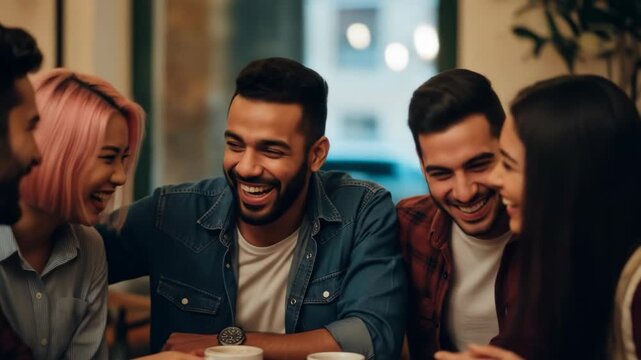 Diverse Group of Friends Laughing Together in a Warmly Lit Cafe