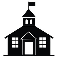 Black silhouette illustration of a classic school building with flag on top