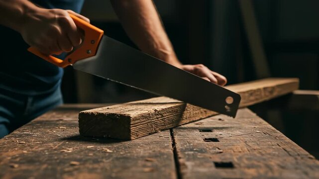 Handyman sawing wood on workbench inside workshop showcasing carpentry skill and craftsmanship