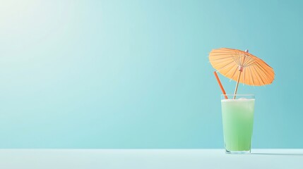 Refreshing green cocktail with orange umbrella and straw on a bright blue background