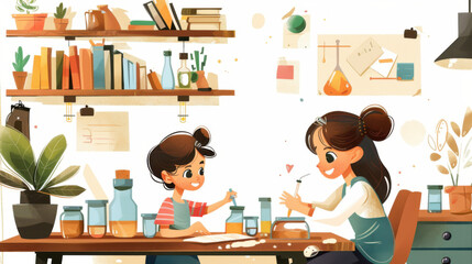 Fototapeta premium Illustration of a mother and daughter crafting together in a well lit and organized room setting