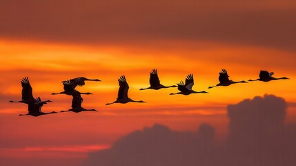 Silhouette of cranes flying in a formation at sunset.