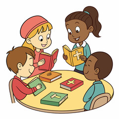 Diverse Group of Children Reading Books Together at a Table Bible Study Religious Education