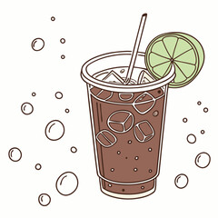 Refreshing Iced Cola Drink with Lime and Ice Cubes in a Plastic Cup