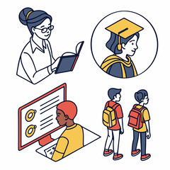 Diverse Students Studying Learning and Using Technology Education Concept Illustration