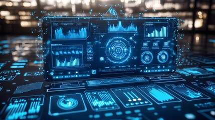 Digital dashboard with glowing informational graphics.