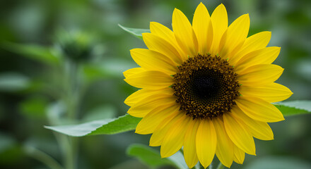 Obraz premium Bright yellow sunflower in full bloom against a blurry green background