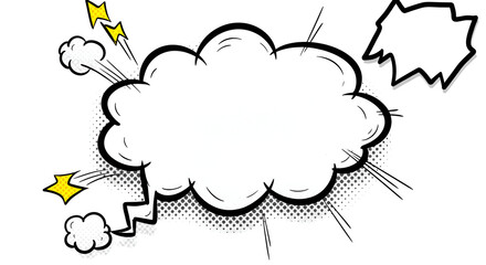 Comic book style speech bubble with halftone effect and dynamic lightning bolts