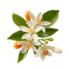 Orange blossom and leaves detailed botanical close-up on black background for floral design