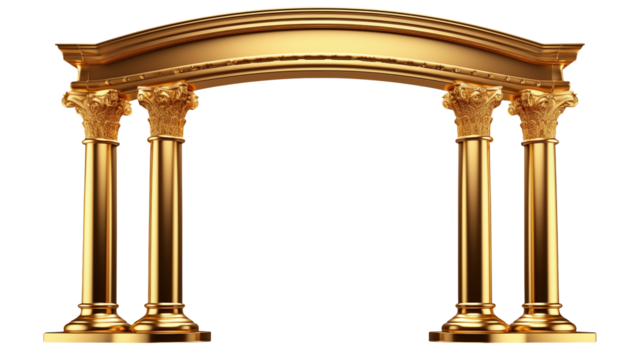 An elegant golden archway with detailed columns against a transparent background.