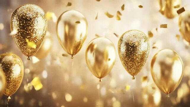 Golden balloons floating in a festive atmosphere with shimmering lights