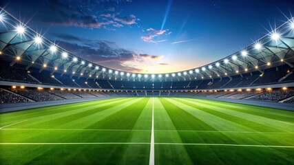 Illuminated stadium with tiered seating and green playing field under blue dusk sky for sporting events