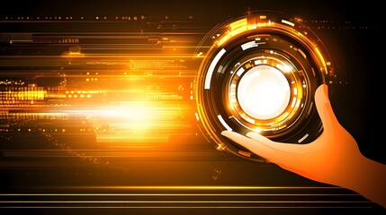 A hand holding a glowing, technological orb.