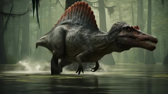 Spinosaurus in a Lush Swamp: A Prehistoric Predator Encounter in an Aquatic Habitat
