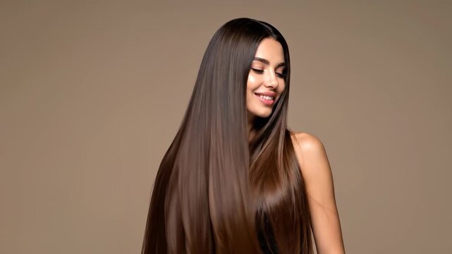 Radiant brunette beauty with flowing, voluminous hair showcasing healthy shine and movement