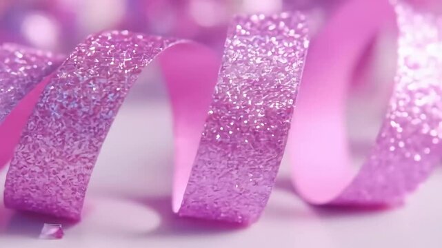 Glittering pink ribbon spirals elegantly on a white surface, enhancing celebrations