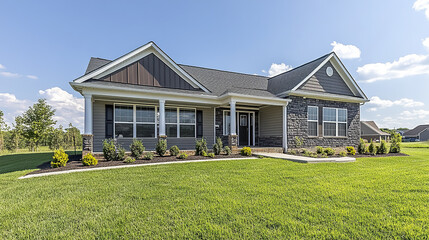 Suburban home exterior with stone and siding facade under bright blue sky, surrounded by green lawn and small shrubs, peaceful neighborhood setting on sunny day