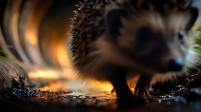Curious hedgehog exploring tunnel, wildlife adventure, mammal habitat discovery, sunset glow