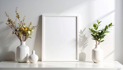 Sunlight illuminates a minimalist scene featuring a blank white frame flanked by vases of dried and fresh greenery.