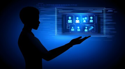 Silhouette person presenting a digital interface of people icons.