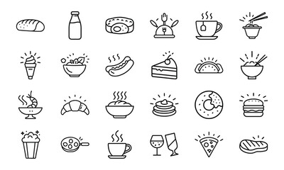 Minimal Line Art Food and Drink Icon Set Featuring Bread, Beverages, Desserts, Meals, Snacks, and Cutlery on White Background for Restaurant and Culinary Design Projects