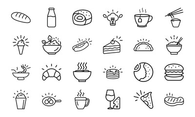 Minimal Line Art Food and Drink Icon Set Featuring Bread, Beverages, Desserts, Meals, Snacks, and Cutlery on White Background for Restaurant and Culinary Design Projects