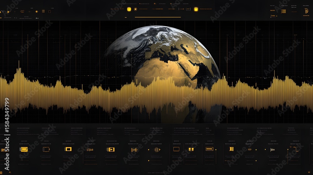 Poster global data visualization with golden sound waves and a world map.