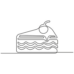 Minimalist one line drawing of a delicious layered cake slice with frosting and cream on top, modern continuous single line dessert illustration design