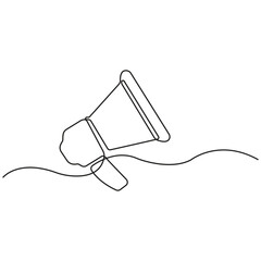 Minimalist continuous line drawing of a megaphone, symbolizing communication, announcement, marketing, promotion, public speaking, advertising, leadership, and spreading messages in modern business.
