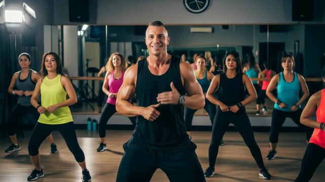 Energetic Fitness Class: Male Instructor Leads Diverse Group Workout in Modern Gym
