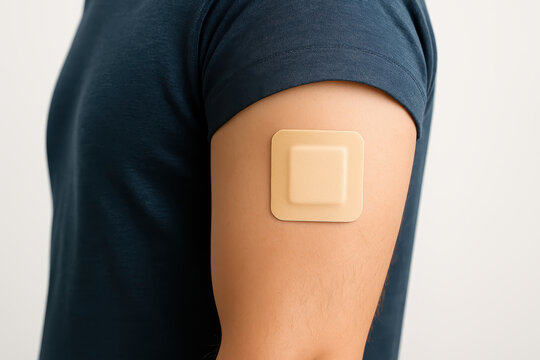 Close-up side view of a person's upper arm wearing a transdermal patch. The person is dressed in a dark blue shirt, and the patch is a square beige adhesive applied to the skin. 